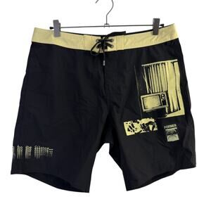 Former Silence Trunk Board Shorts 34 Black Mens Beach Surf Television Graphic 8"